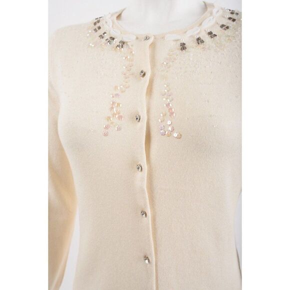 Express Womens Cardigan Sweater L Ivory Beaded Sequin silk Cashmere Vintage Y2K - Picture 4 of 6
